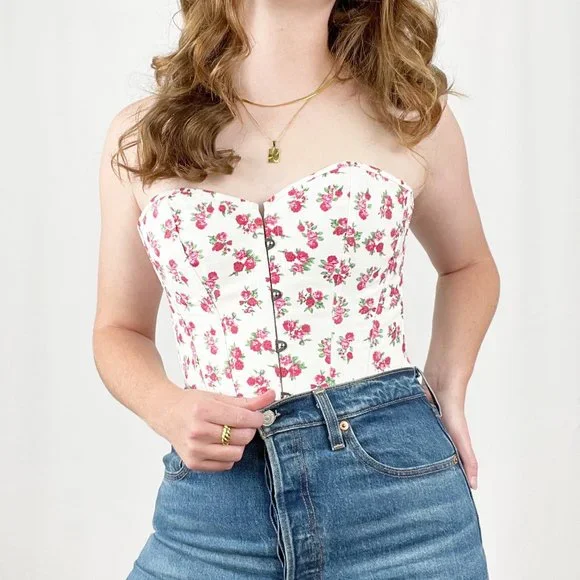 Vintage Corset Bustier Floral Lace Up Cottagecore Strapless Pin-Up Sexy Lingerie - Picture 5 of 5